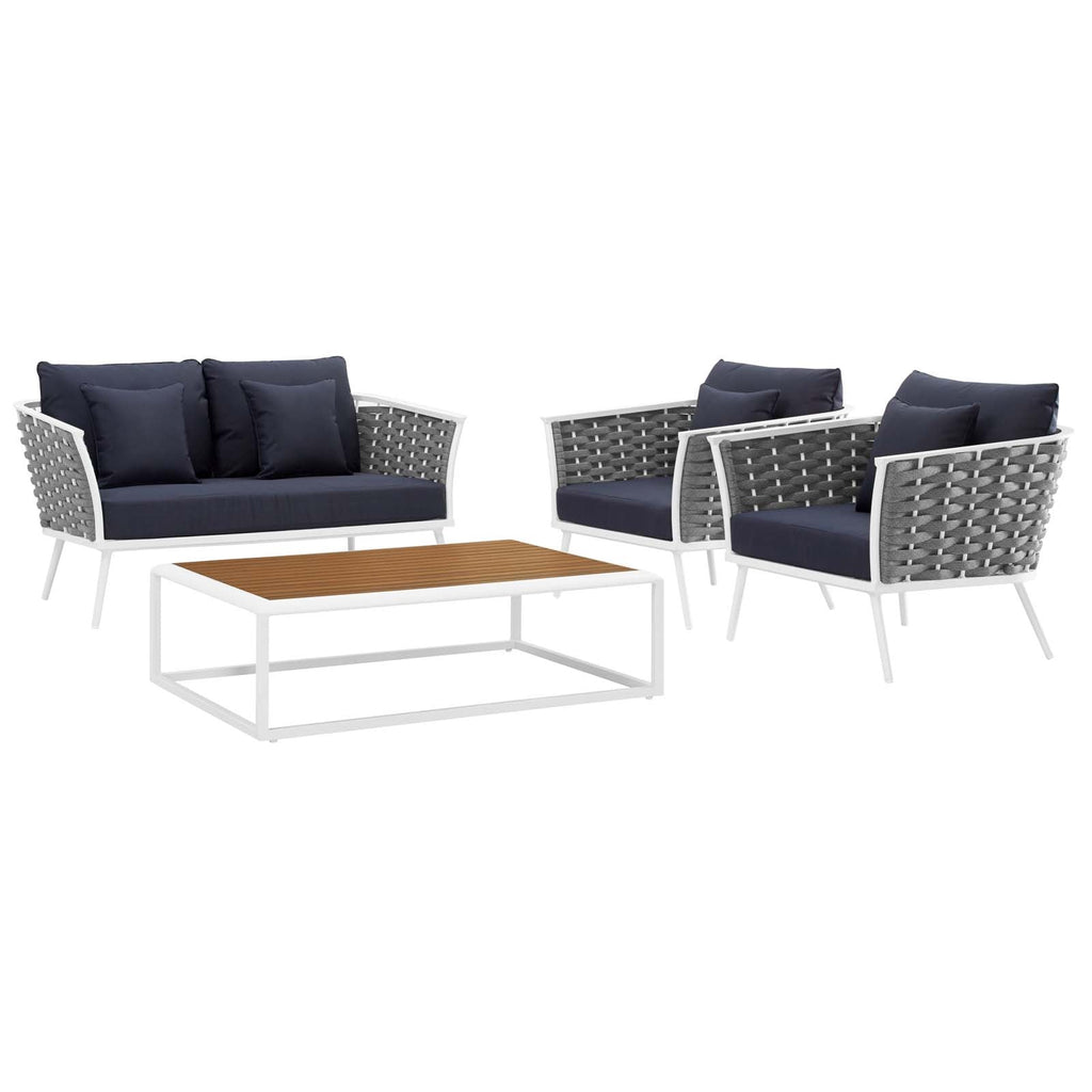 Stance 4 Piece Outdoor Patio Aluminum Sectional Sofa Set in White Navy-1