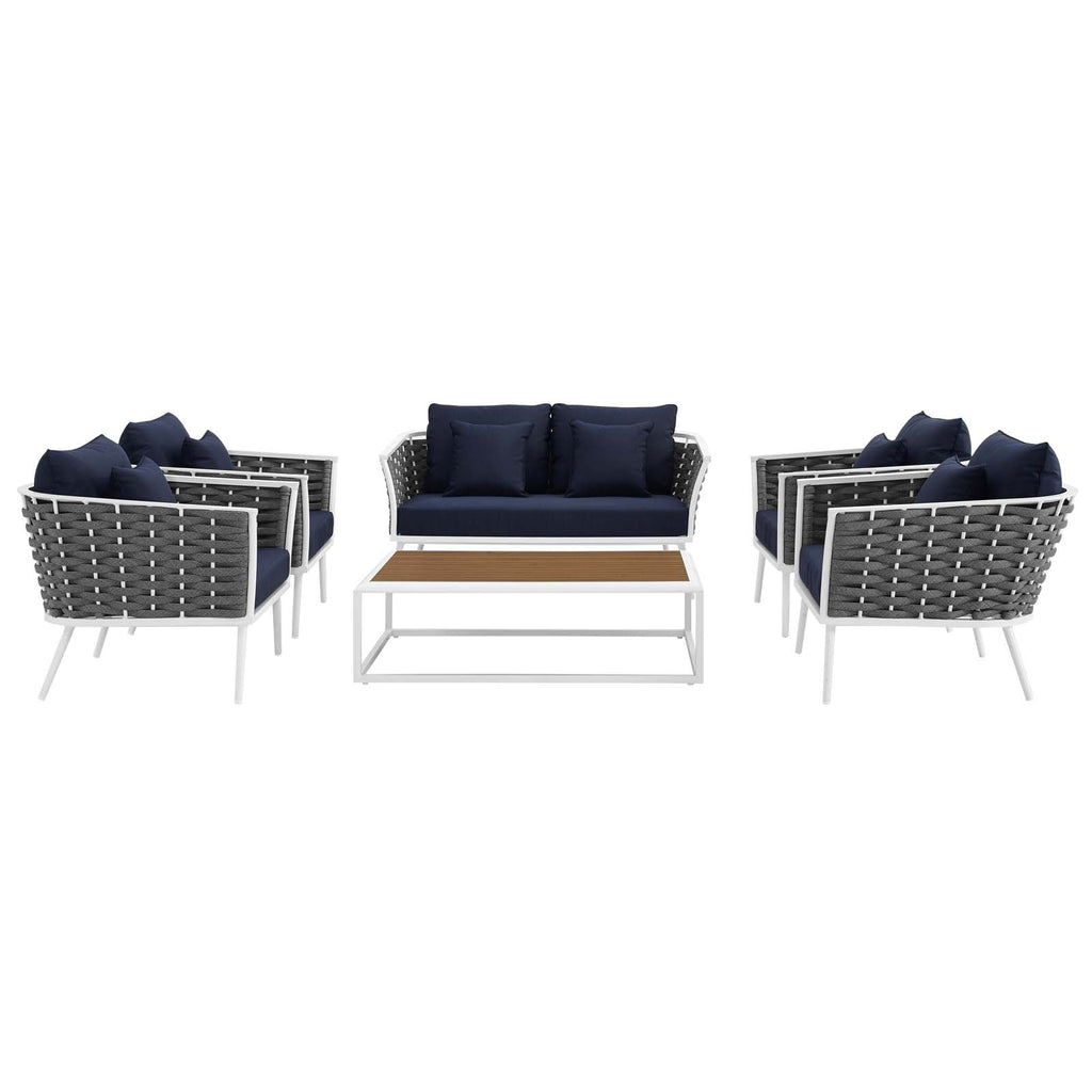 Stance 6 Piece Outdoor Patio Aluminum Sectional Sofa Set in White Navy-1