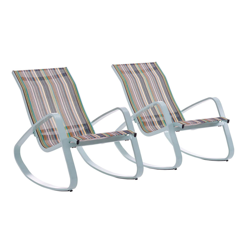 Traveler Rocking Lounge Chair Outdoor Patio Mesh Sling Set of 2 in Green Stripe