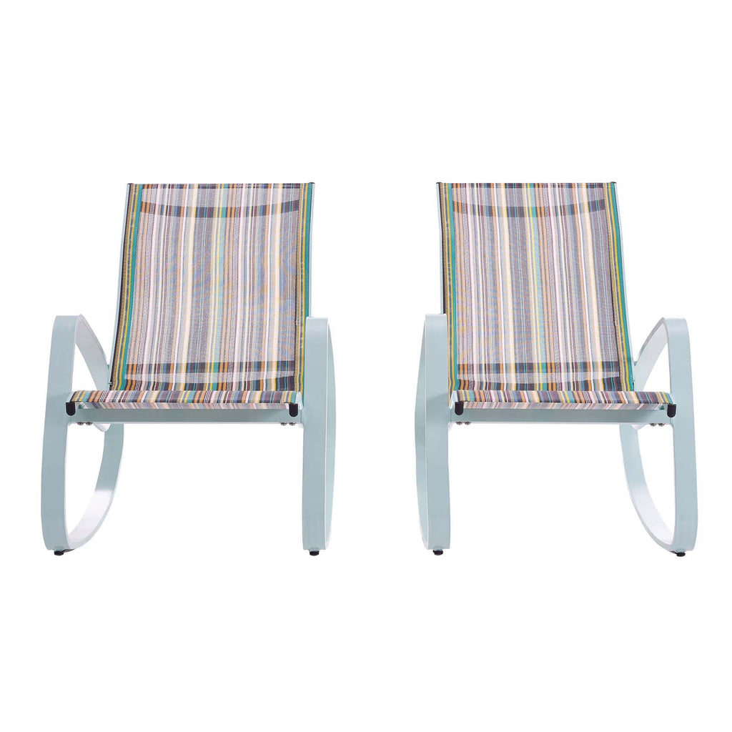 Traveler Rocking Lounge Chair Outdoor Patio Mesh Sling Set of 2 in Green Stripe