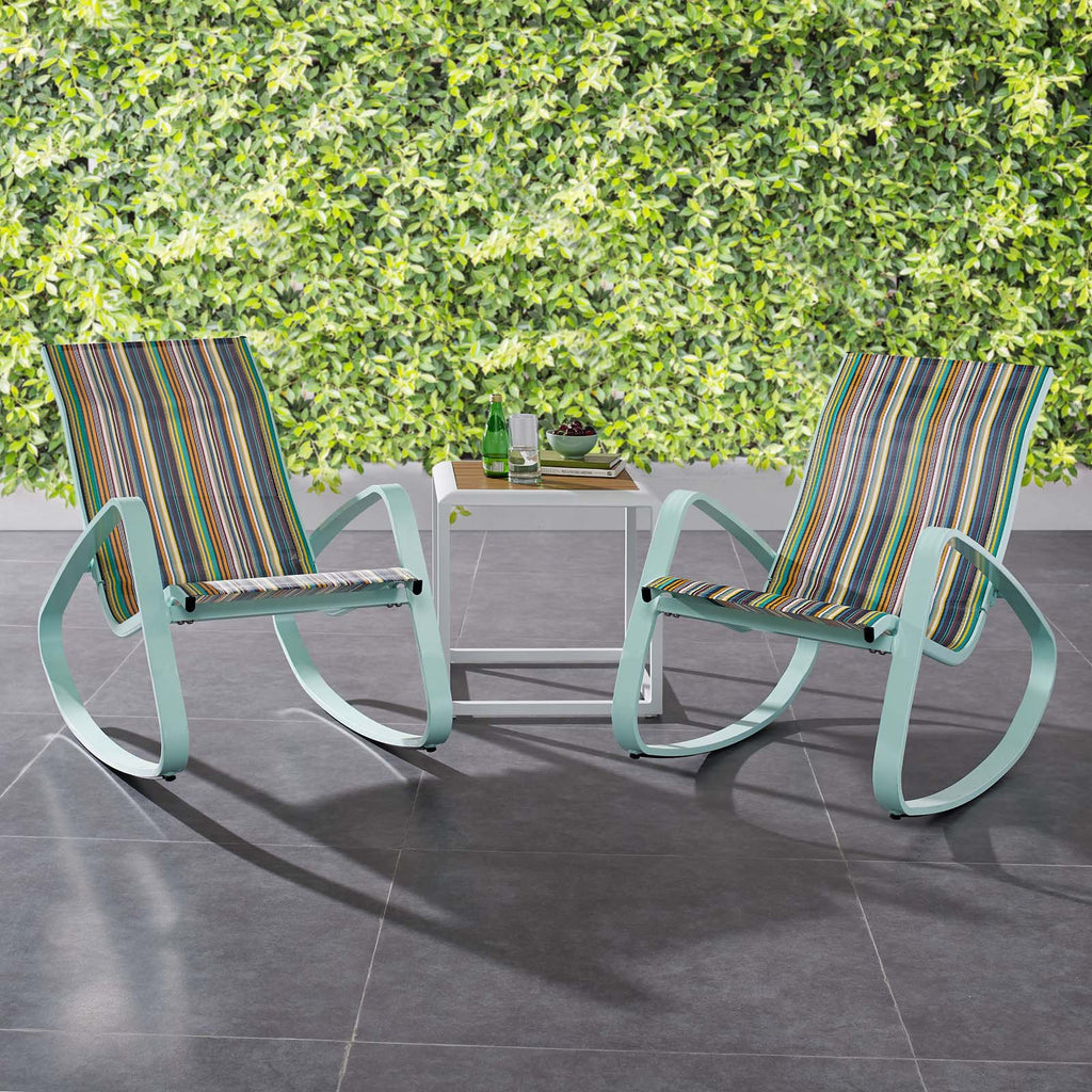 Traveler Rocking Lounge Chair Outdoor Patio Mesh Sling Set of 2 in Green Stripe