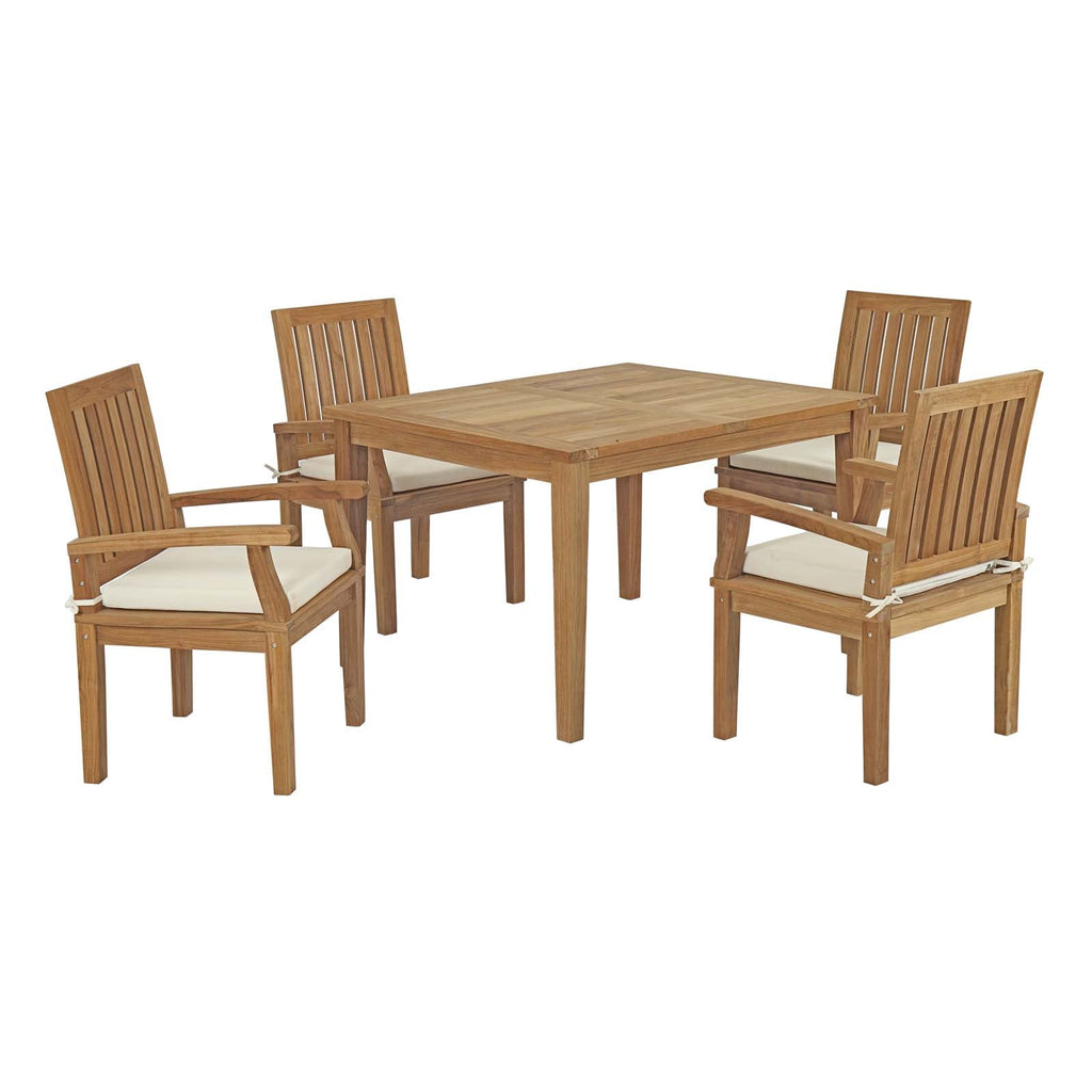 Marina 5 Piece Outdoor Patio Teak Outdoor Dining Set in Natural White-2