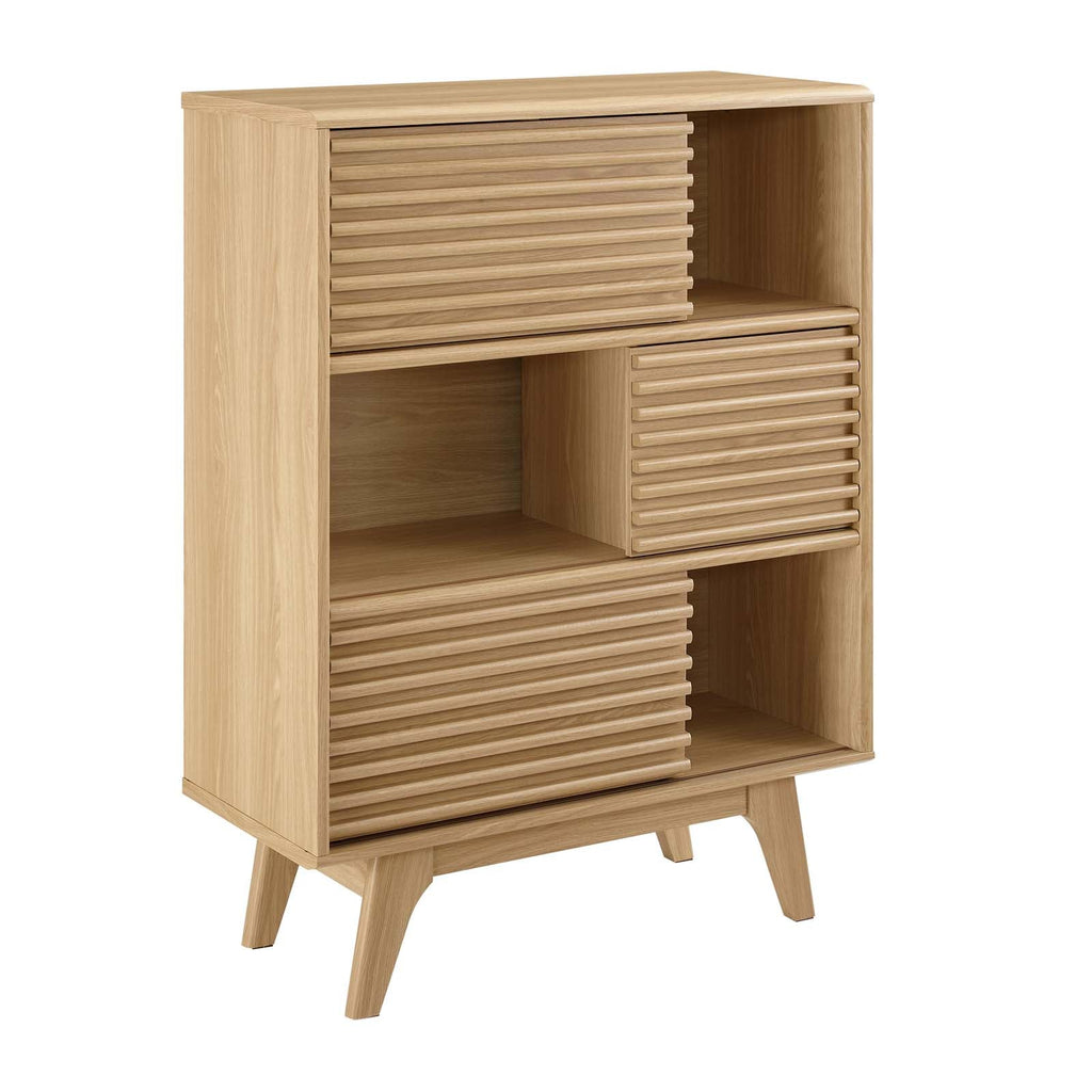 Render Three-Tier Display Storage Cabinet Stand, Oak