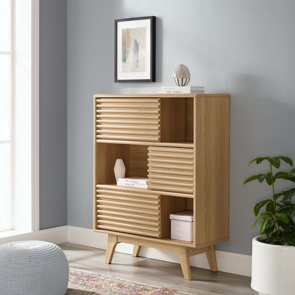 Render Three-Tier Display Storage Cabinet Stand, Oak