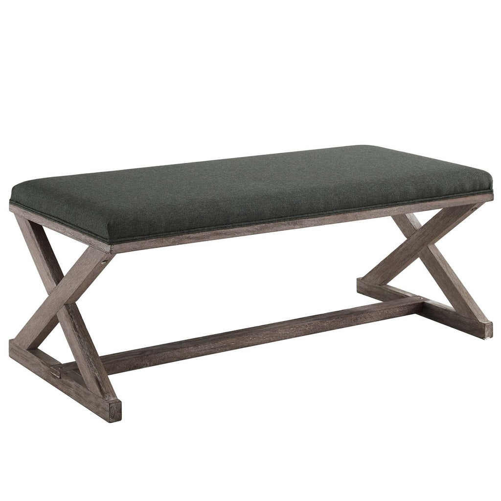 Province Vintage French X-Brace Upholstered Fabric Bench in Gray