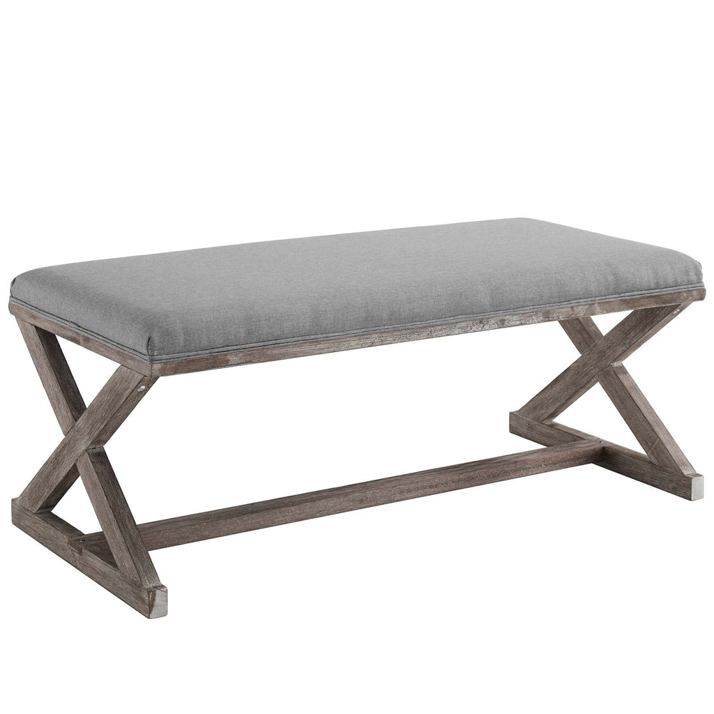 Province Vintage French X-Brace Upholstered Fabric Bench in Light Gray