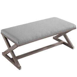 Province Vintage French X-Brace Upholstered Fabric Bench in Light Gray