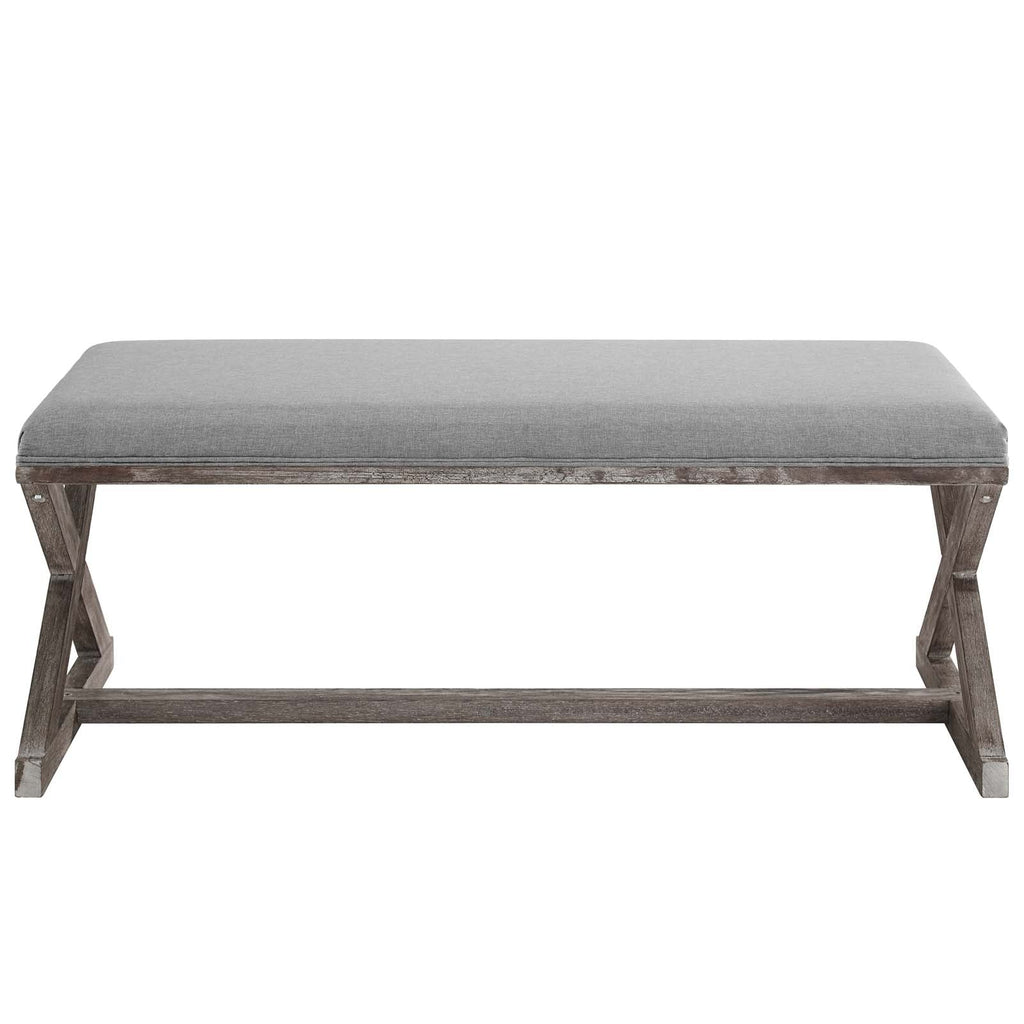 Province Vintage French X-Brace Upholstered Fabric Bench in Light Gray