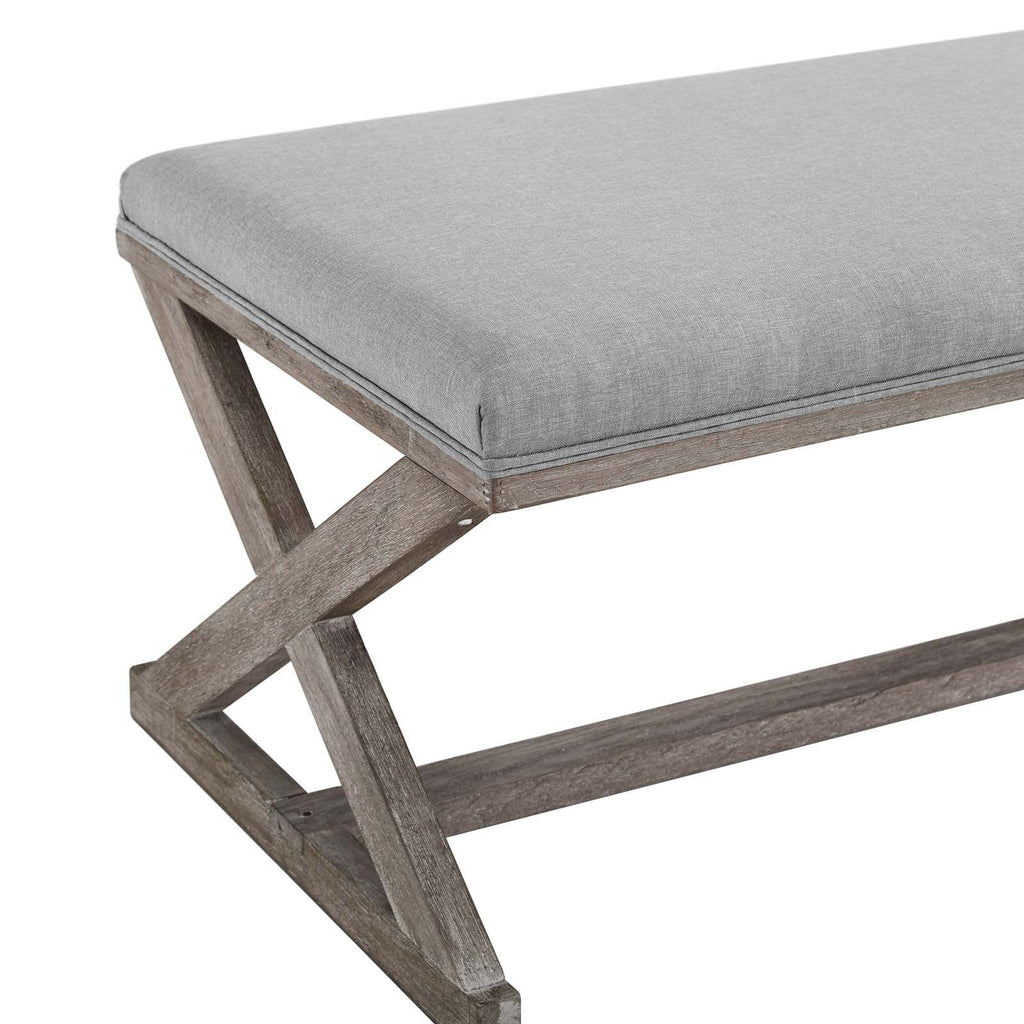 Province Vintage French X-Brace Upholstered Fabric Bench in Light Gray