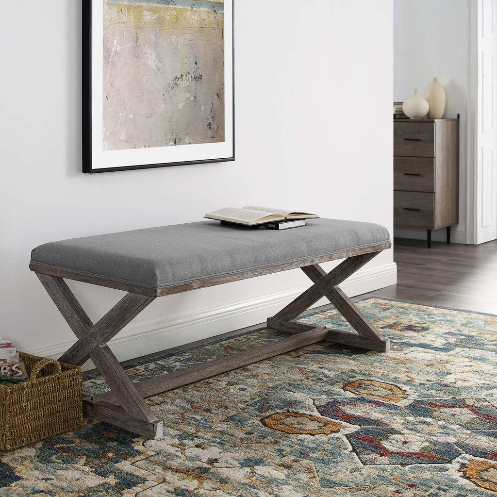 Province Vintage French X-Brace Upholstered Fabric Bench in Light Gray