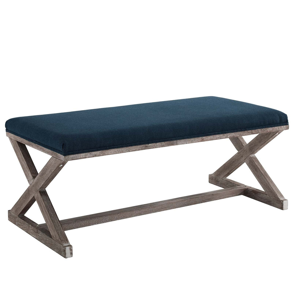 Province Vintage French X-Brace Upholstered Fabric Bench in Navy