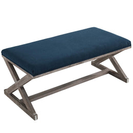 Province Vintage French X-Brace Upholstered Fabric Bench in Navy