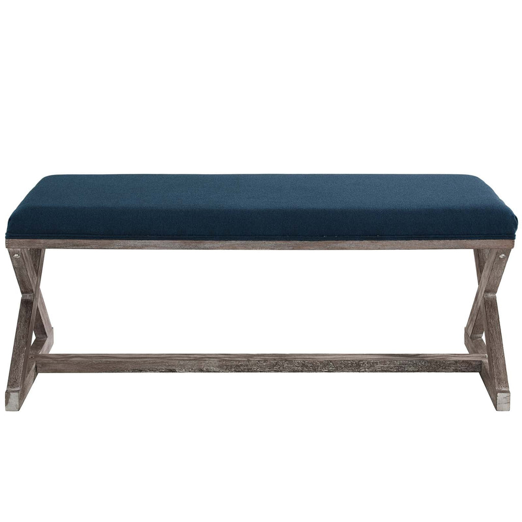 Province Vintage French X-Brace Upholstered Fabric Bench in Navy