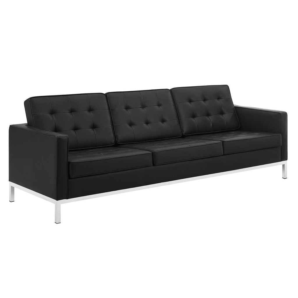 Loft Tufted Upholstered Faux Leather Sofa in Silver Black