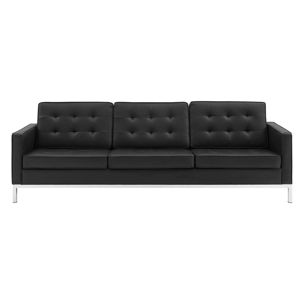 Loft Tufted Upholstered Faux Leather Sofa in Silver Black