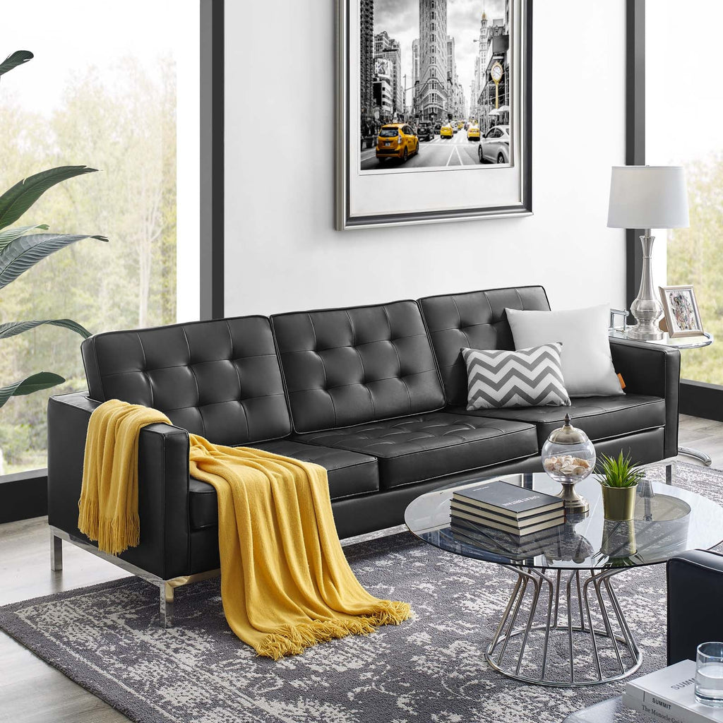 Loft Tufted Upholstered Faux Leather Sofa in Silver Black