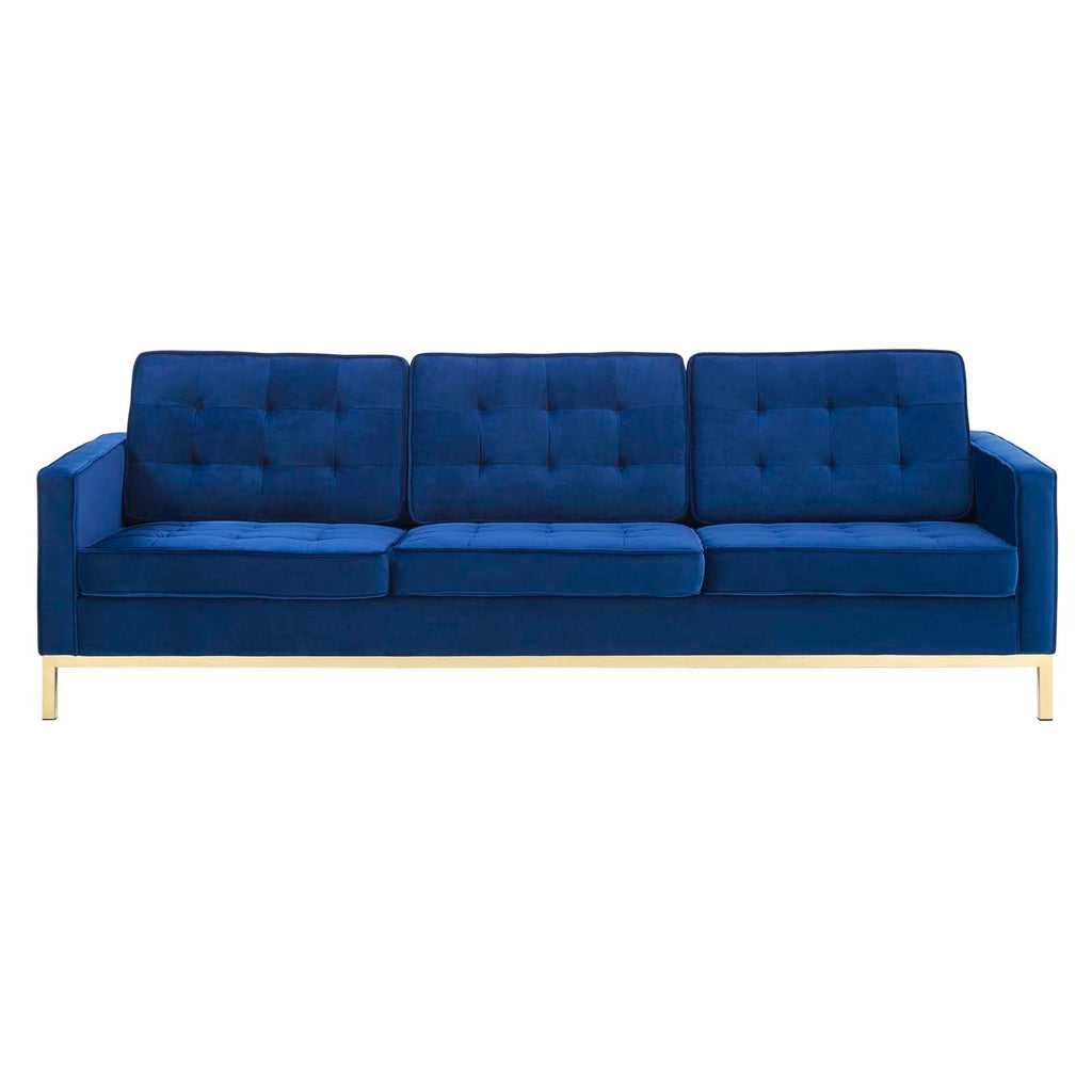 Loft Gold Stainless Steel Leg Performance Velvet Sofa in Gold Navy