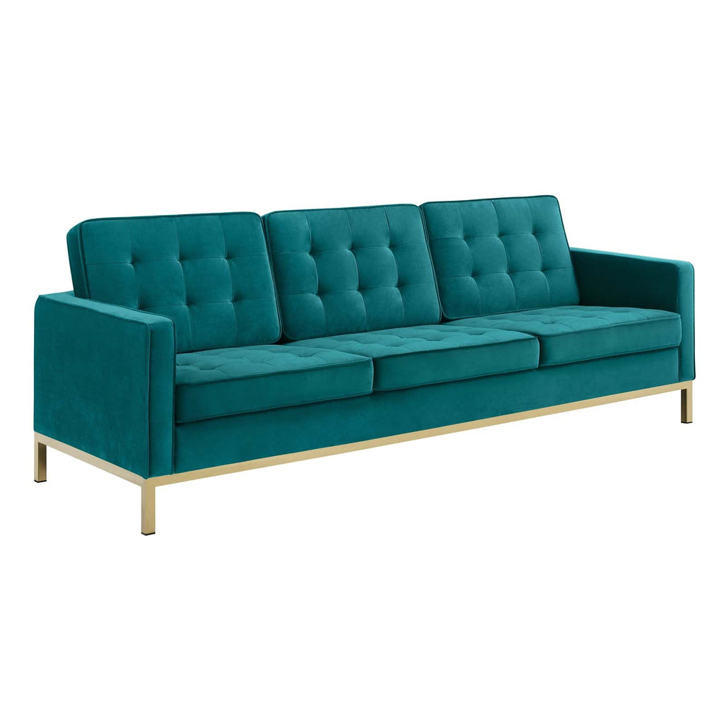 Loft Gold Stainless Steel Leg Performance Velvet Sofa in Gold Teal