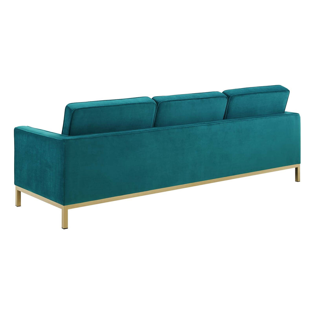 Loft Gold Stainless Steel Leg Performance Velvet Sofa in Gold Teal