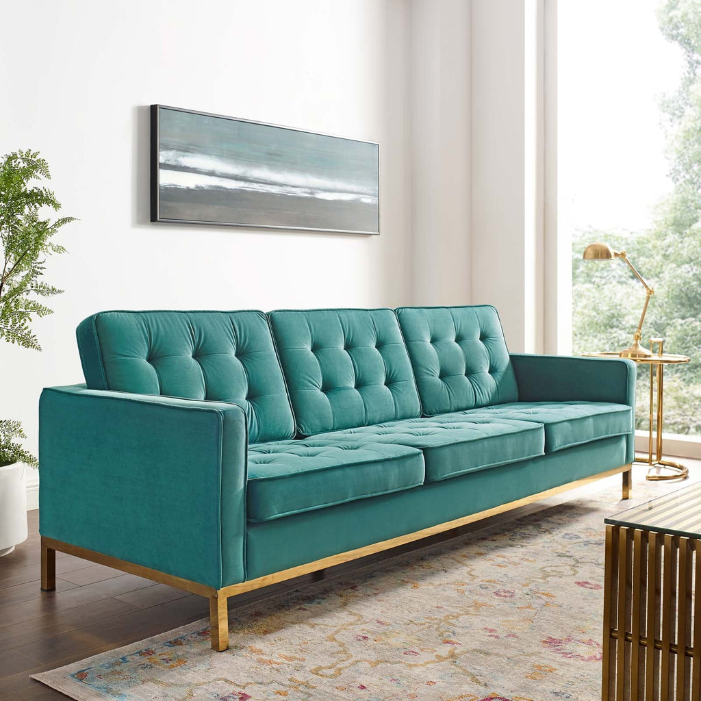 Loft Gold Stainless Steel Leg Performance Velvet Sofa in Gold Teal