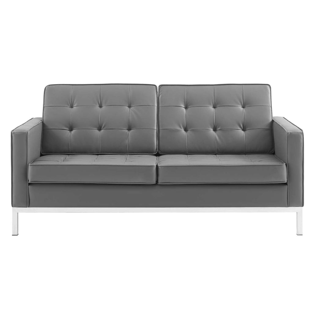 Loft Tufted Upholstered Faux Leather Loveseat in Silver Gray