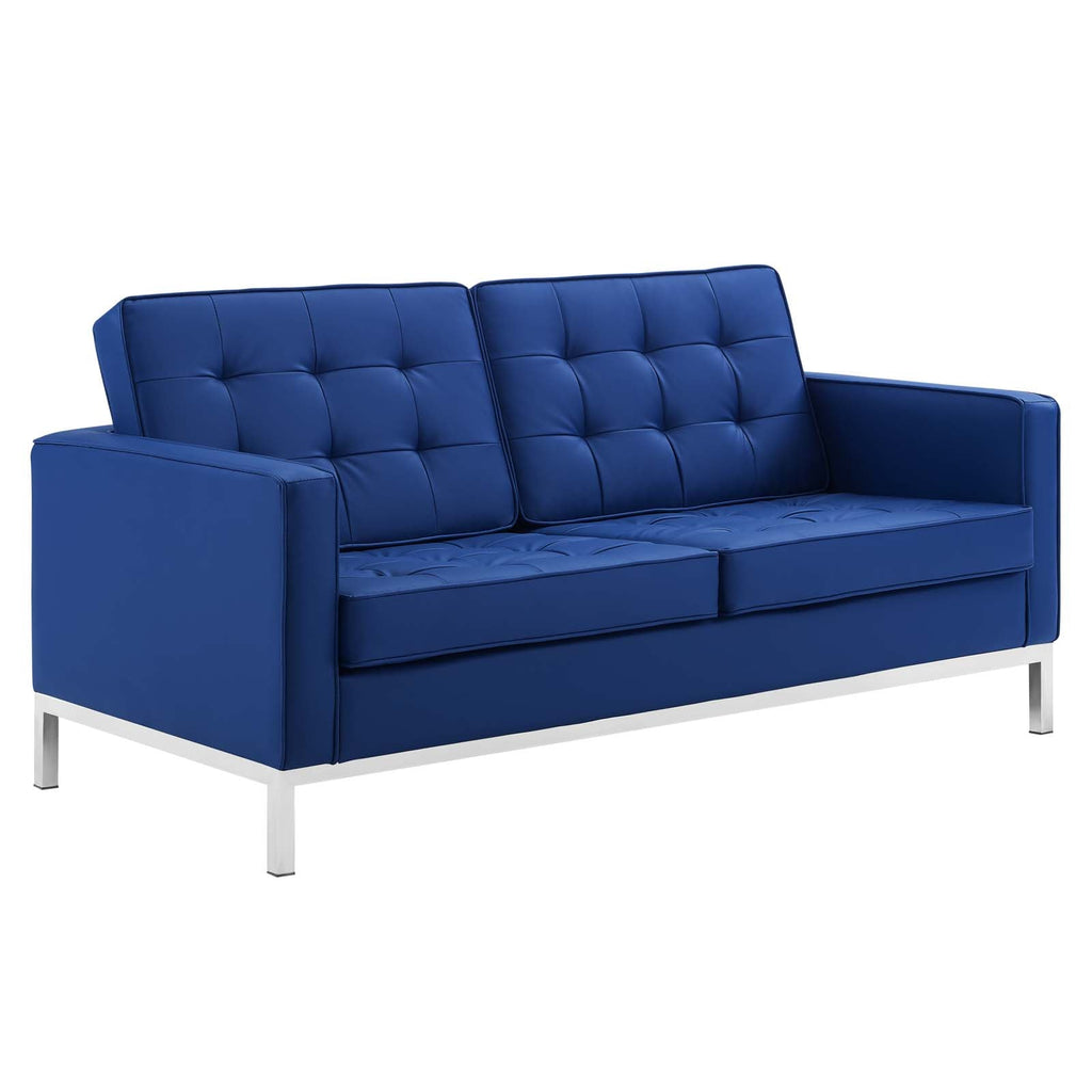 Loft Tufted Upholstered Faux Leather Loveseat in Silver Navy