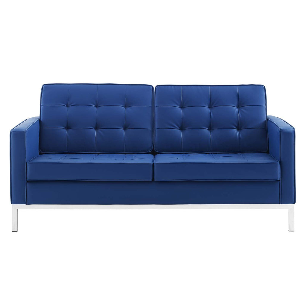 Loft Tufted Upholstered Faux Leather Loveseat in Silver Navy