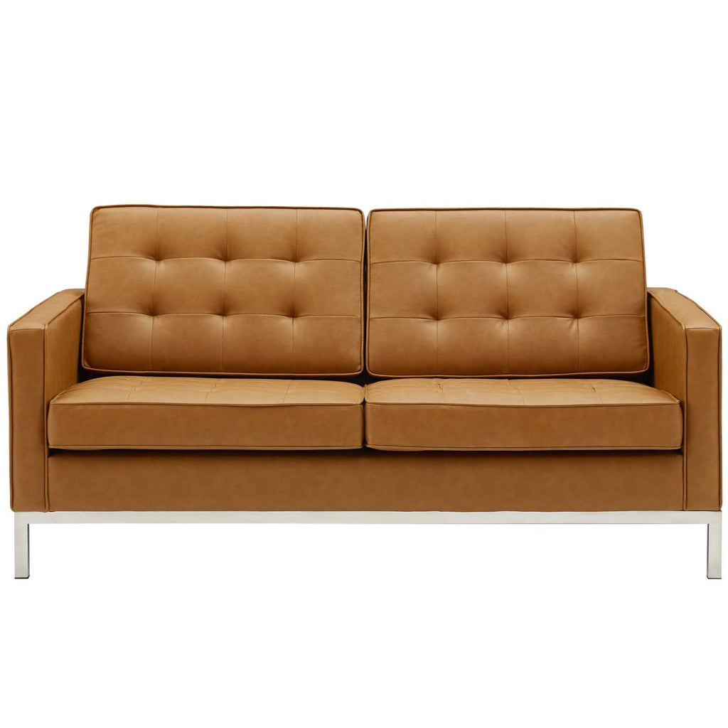 Loft Tufted Upholstered Faux Leather Loveseat in Silver Tan