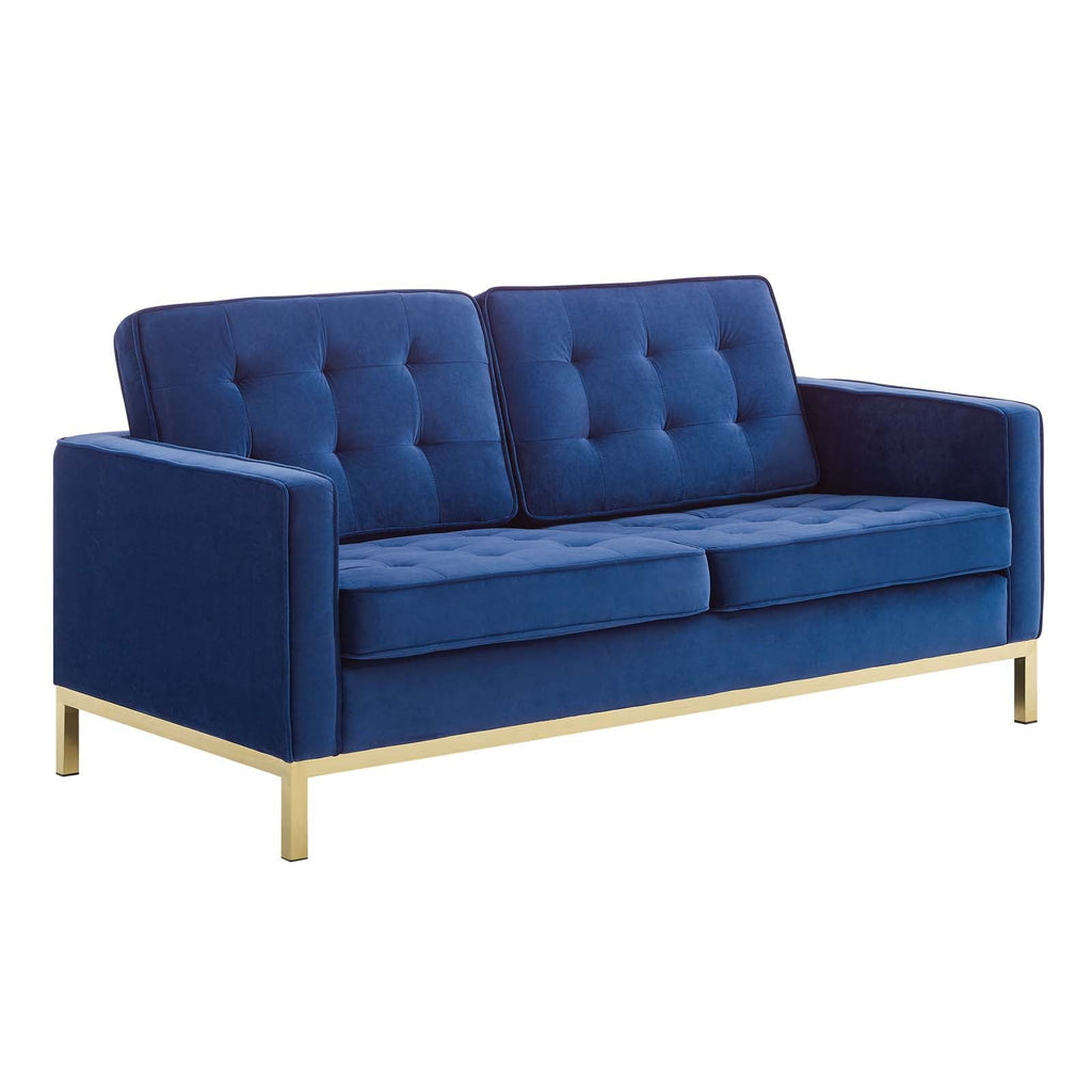 Loft Gold Stainless Steel Leg Performance Velvet Loveseat in Gold Navy