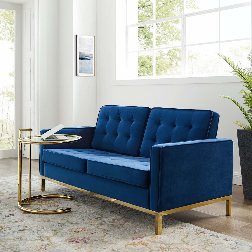 Loft Gold Stainless Steel Leg Performance Velvet Loveseat in Gold Navy