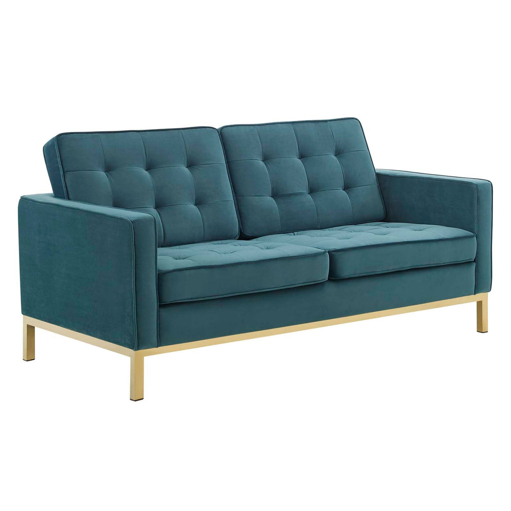 Loft Gold Stainless Steel Leg Performance Velvet Loveseat in Gold Teal