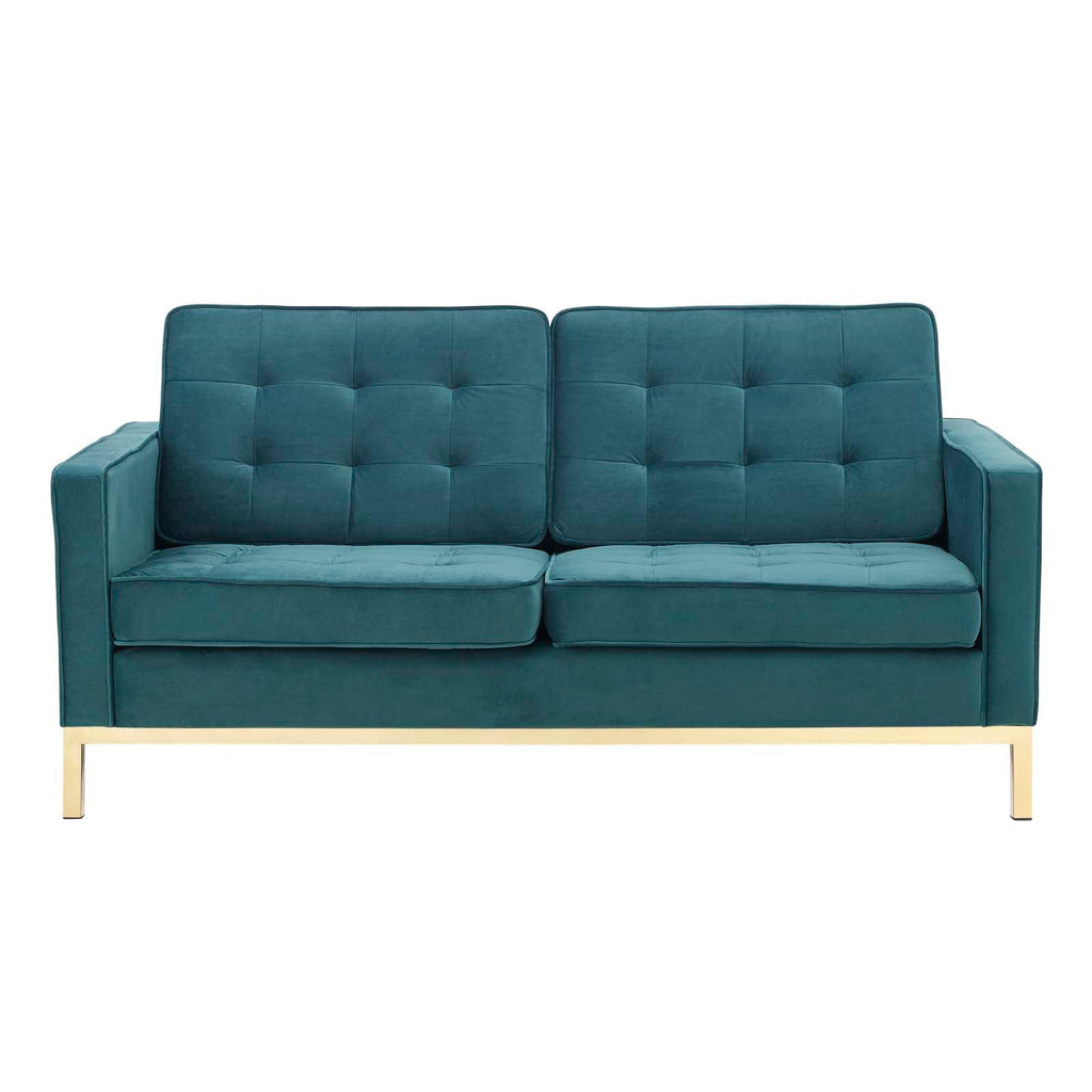 Loft Gold Stainless Steel Leg Performance Velvet Loveseat in Gold Teal