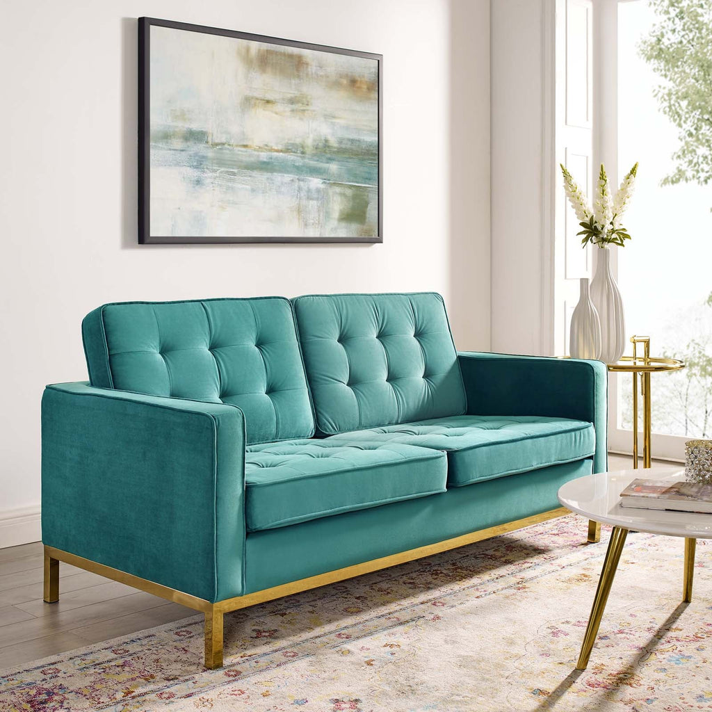 Loft Gold Stainless Steel Leg Performance Velvet Loveseat in Gold Teal