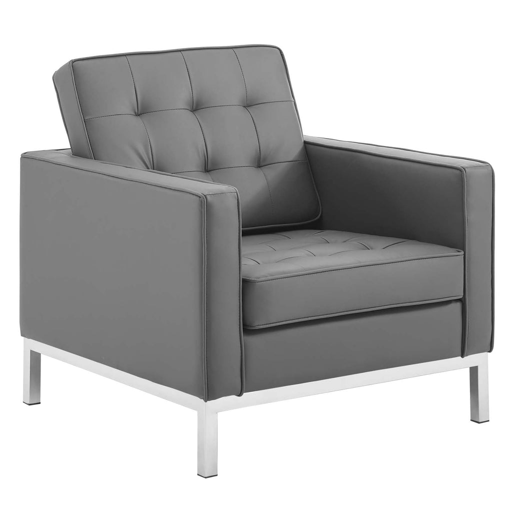 Loft Tufted Upholstered Faux Leather Armchair in Silver Gray