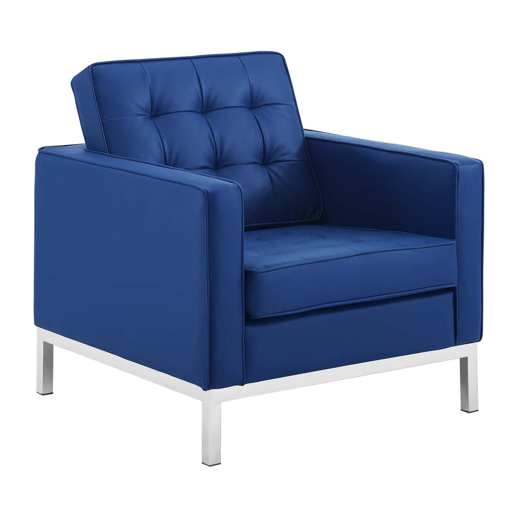 Loft Tufted Upholstered Faux Leather Armchair in Silver Navy
