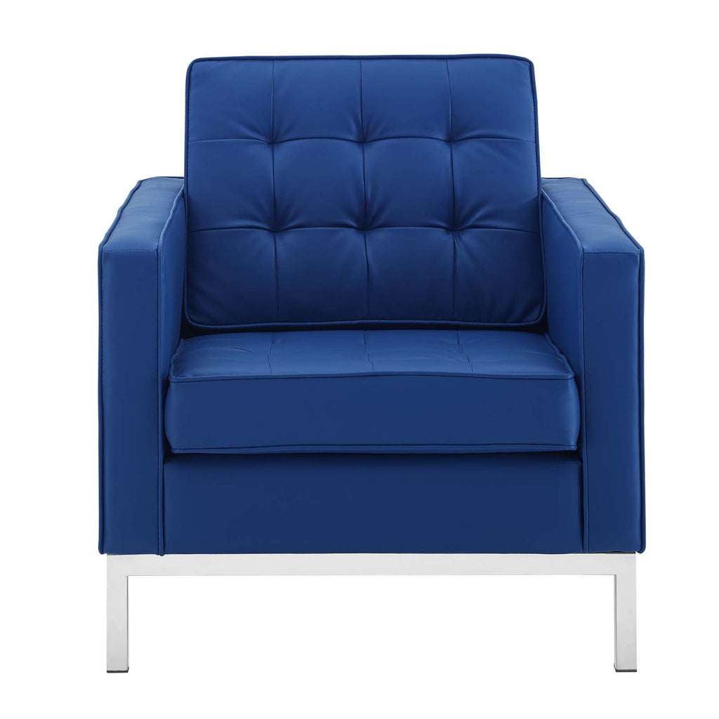 Loft Tufted Upholstered Faux Leather Armchair in Silver Navy