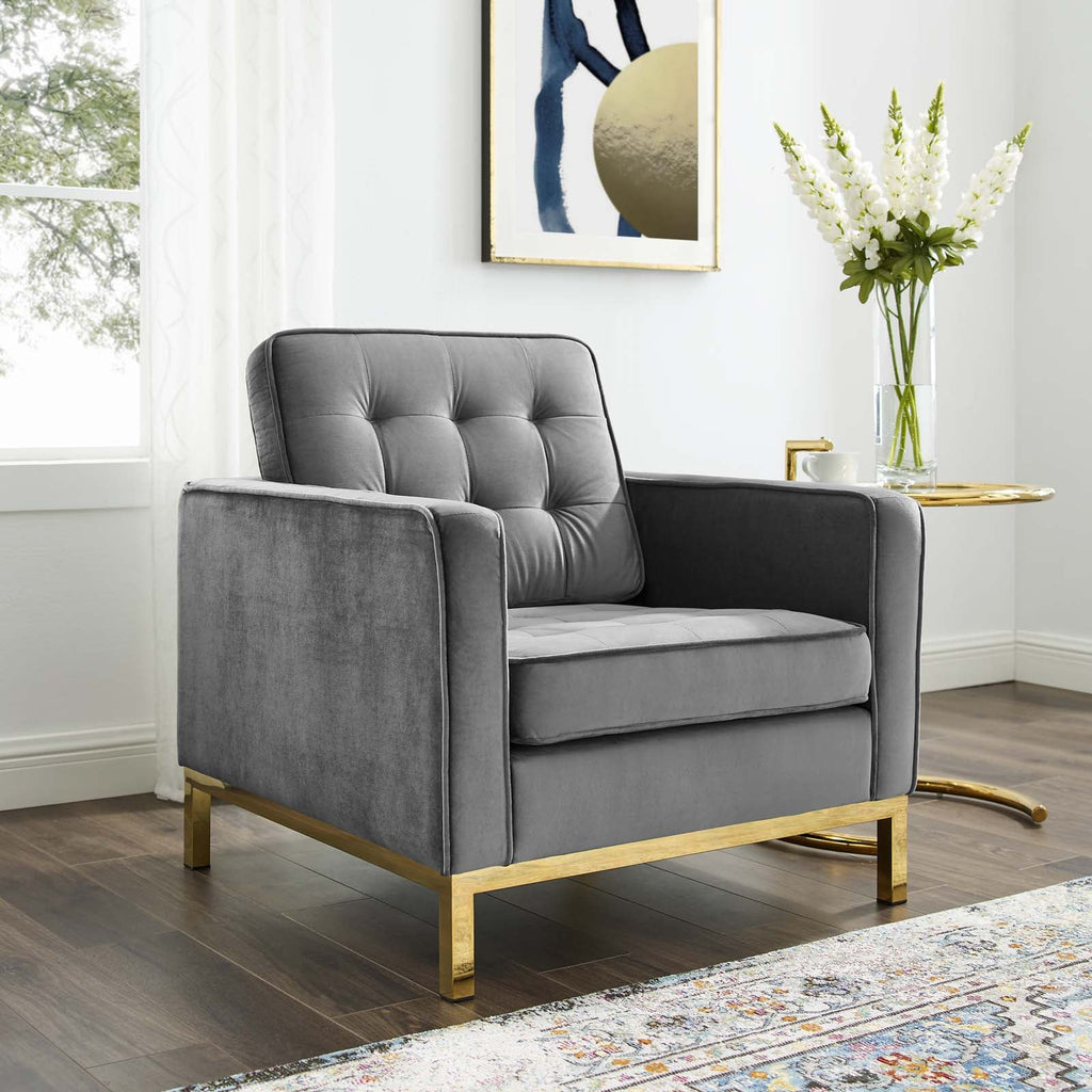 Loft Gold Stainless Steel Performance Velvet Armchair in Gold Gray