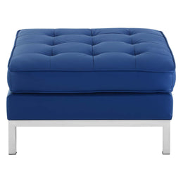 Loft Tufted Upholstered Faux Leather Ottoman in Silver Navy