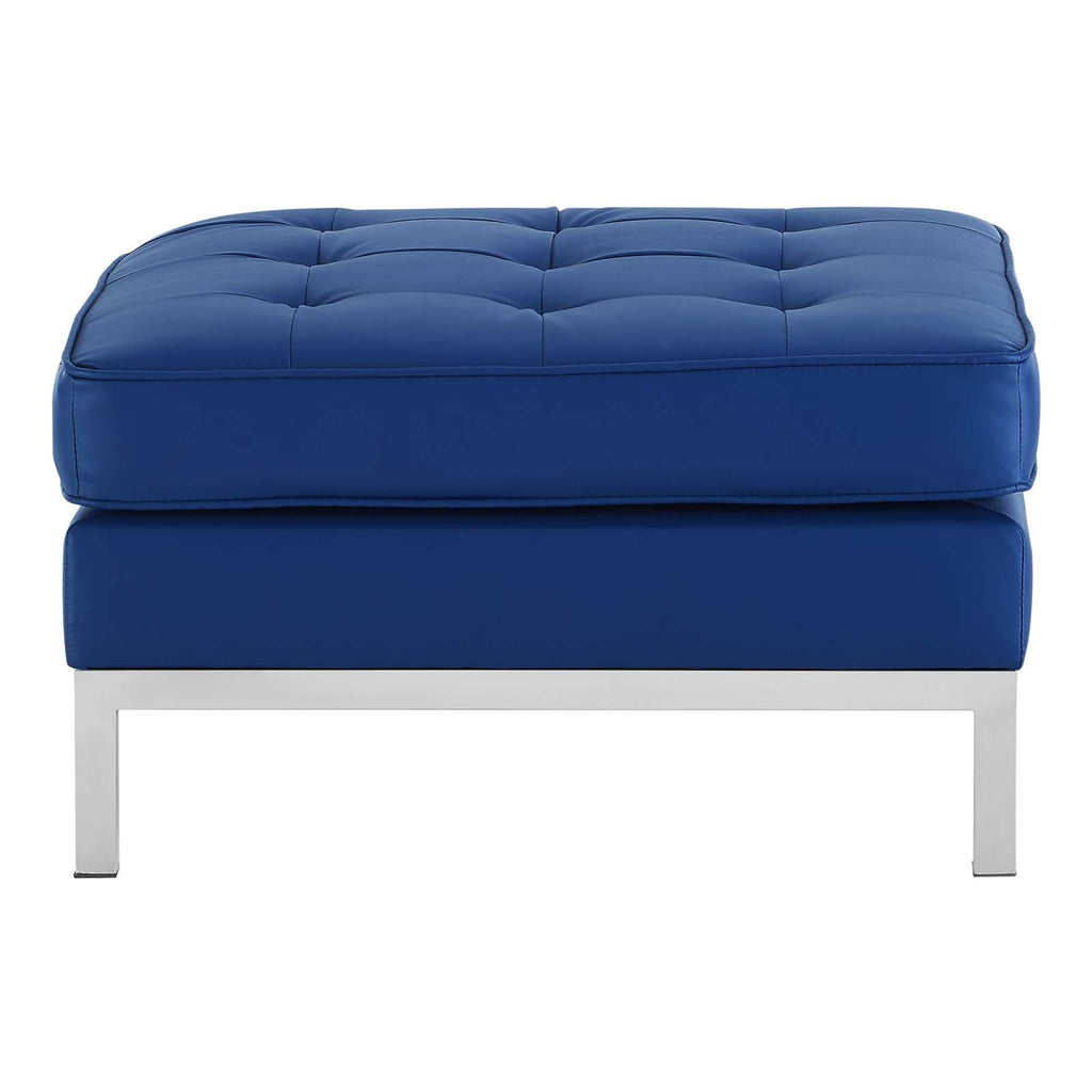 Loft Tufted Upholstered Faux Leather Ottoman in Silver Navy