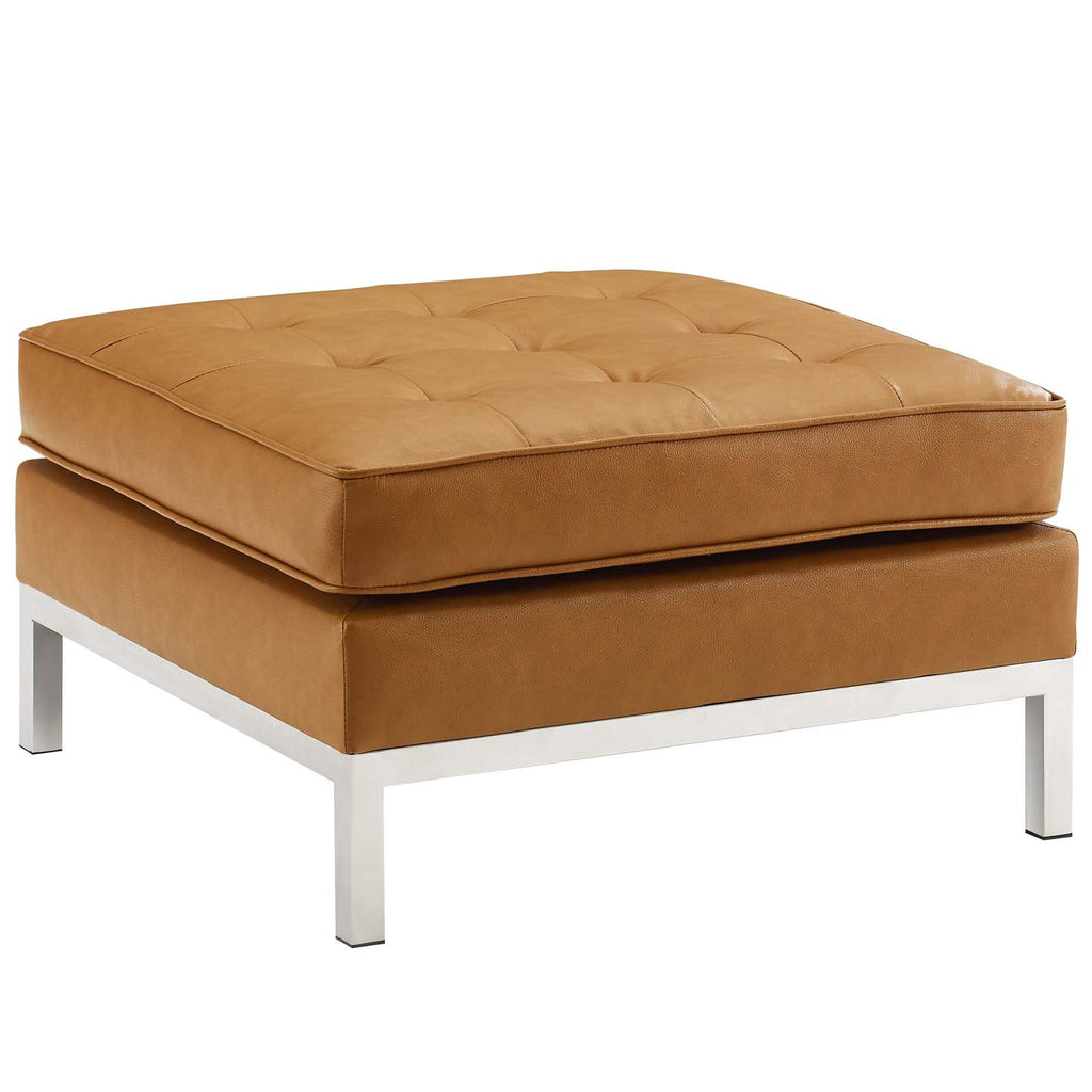 Loft Tufted Upholstered Faux Leather Ottoman in Silver Tan