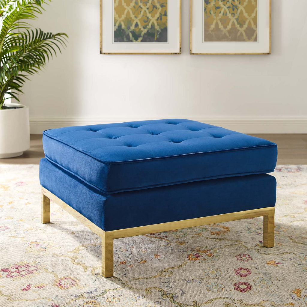 Loft Gold Stainless Steel Leg Performance Velvet Ottoman in Gold Navy