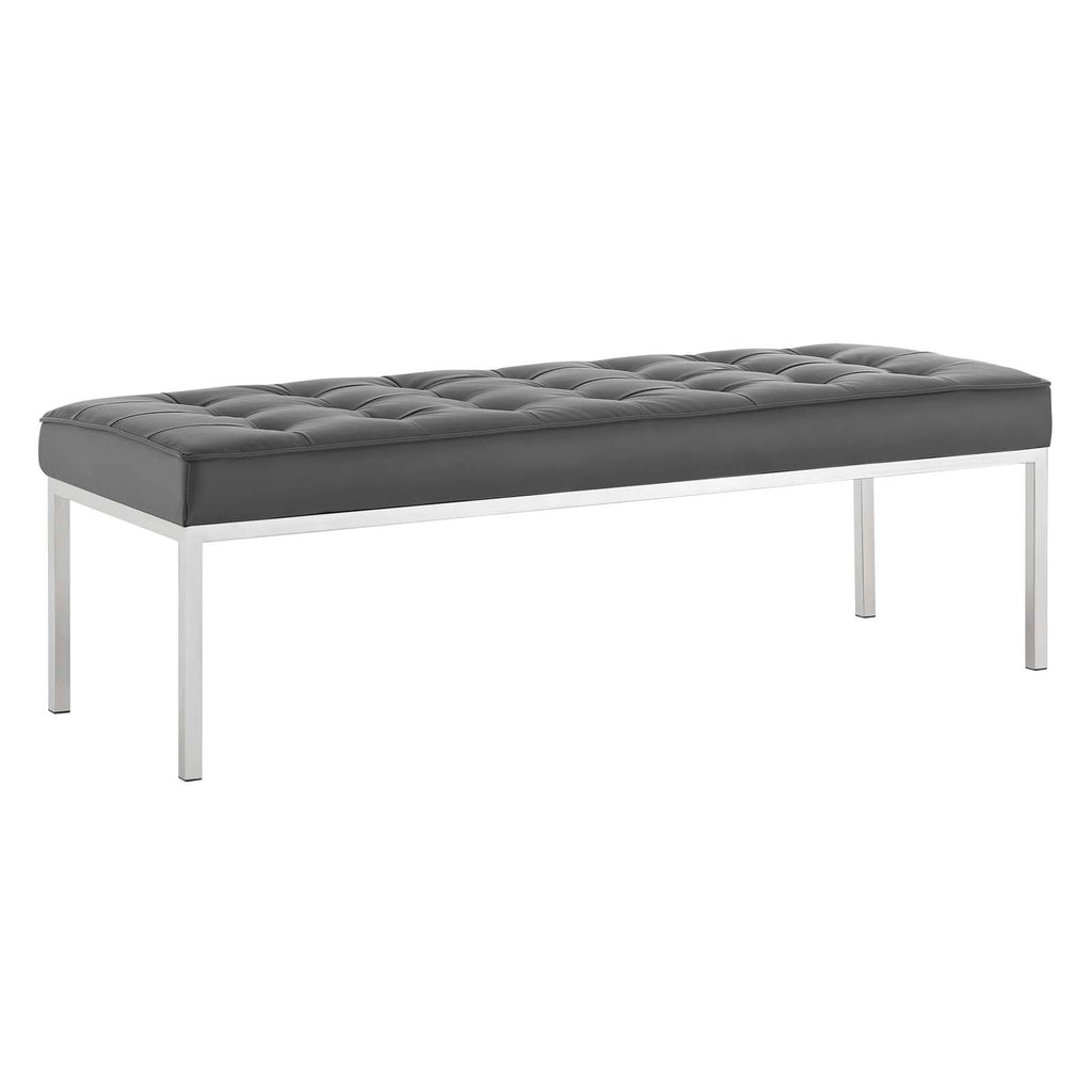 Loft Tufted Large Upholstered Faux Leather Bench in Silver Gray