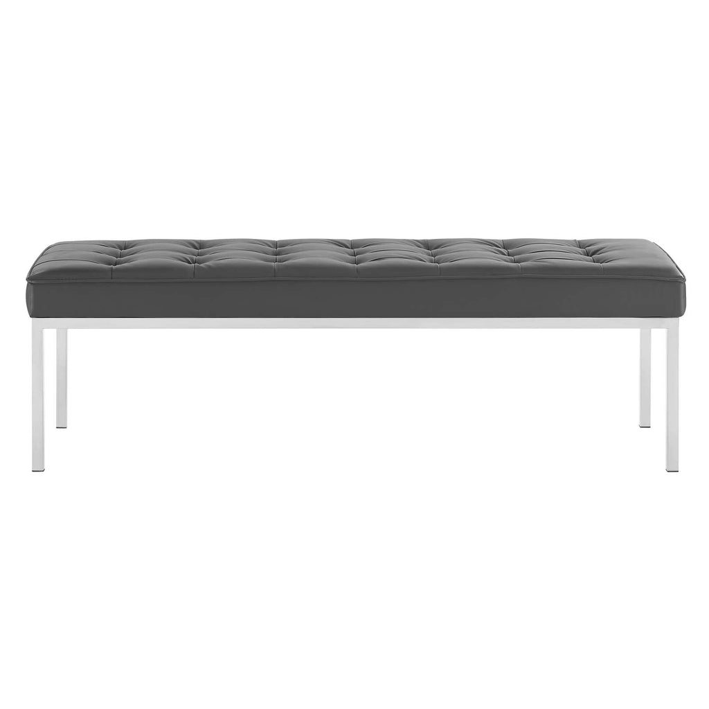 Loft Tufted Large Upholstered Faux Leather Bench in Silver Gray