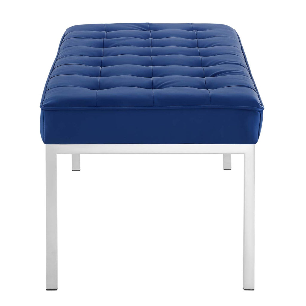 Loft Tufted Large Upholstered Faux Leather Bench in Silver Navy