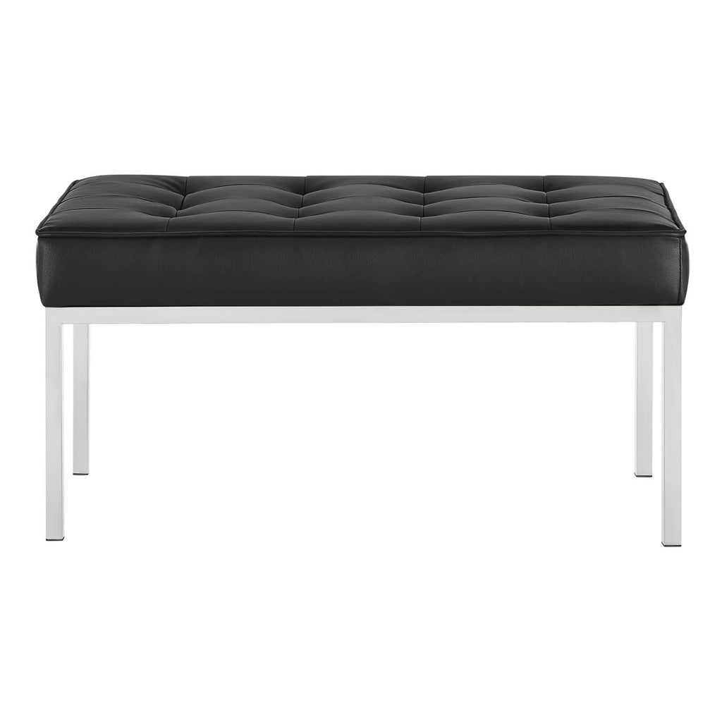 Loft Tufted Medium Upholstered Faux Leather Bench in Silver Black