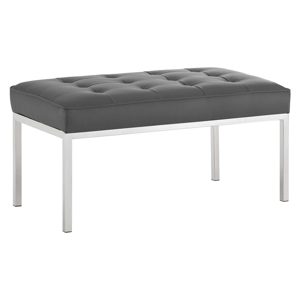 Loft Tufted Medium Upholstered Faux Leather Bench in Silver Gray