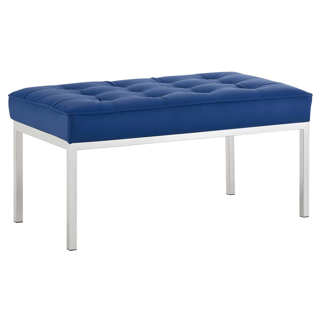 Loft Tufted Medium Upholstered Faux Leather Bench in Silver Navy