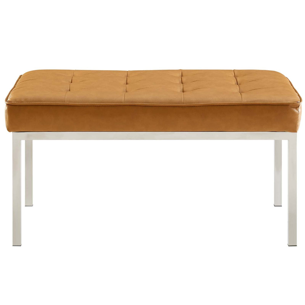 Loft Tufted Medium Upholstered Faux Leather Bench in Silver Tan