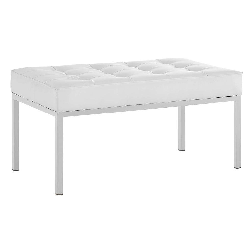 Loft Tufted Medium Upholstered Faux Leather Bench in Silver White