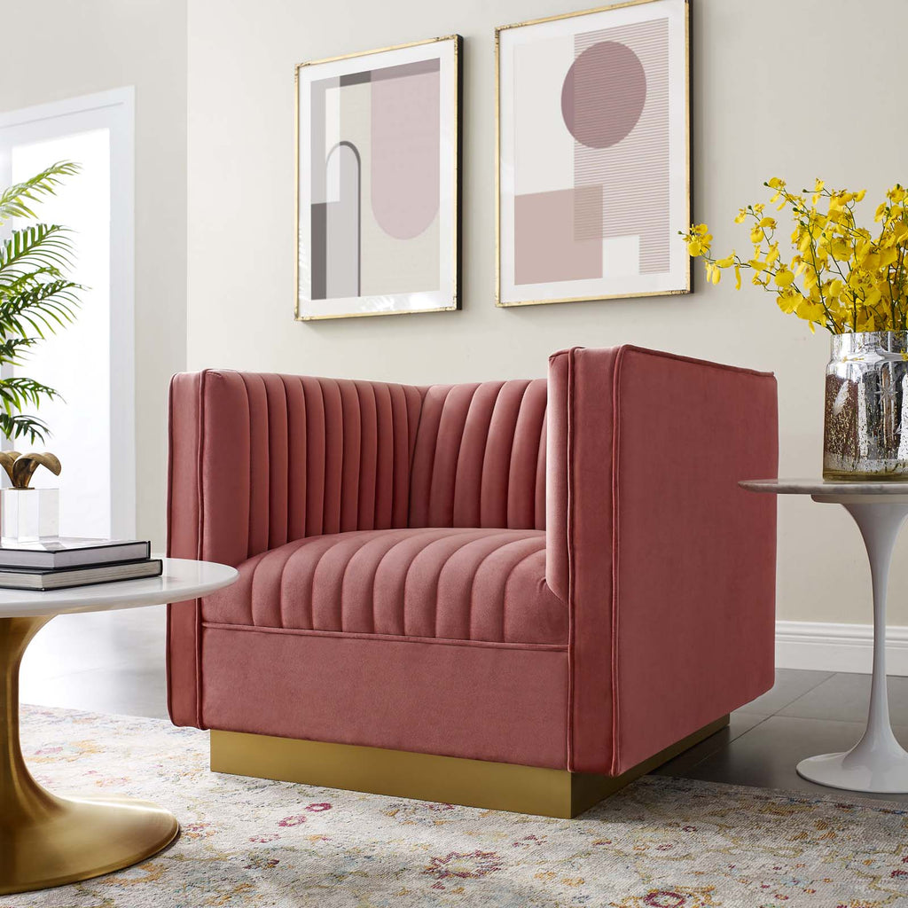 Sanguine Vertical Channel Tufted Accent Performance Velvet Armchair in Dusty Rose